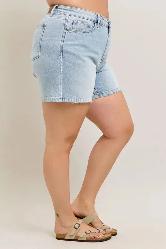 Judy Blue Jeans - Plus Size Frayed Hem High Rise Denim Shorts with Pockets - Be Bliss Boutique