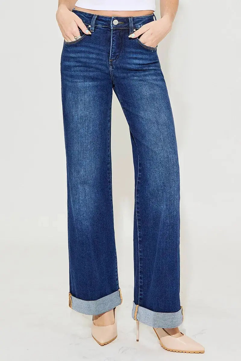 Full Size Tummy Control High Rise Wide Leg Cuffed RISEN Jeans - Be Bliss Boutique