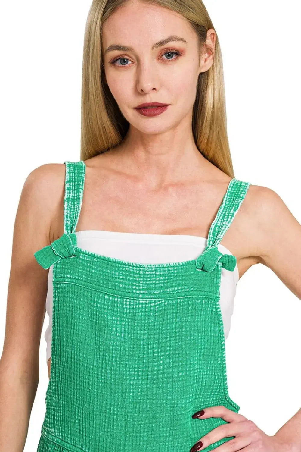 Zenana Woven Green Acid Washed Cotton Gauze Romper with Pockets - Be Bliss Boutique