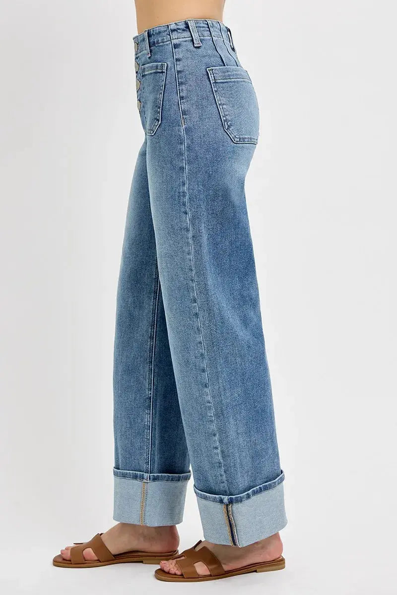 RISEN Jeans - High Rise Ankle Wide Button Patch Pocket Cuffed Jeans - Be Bliss Boutique