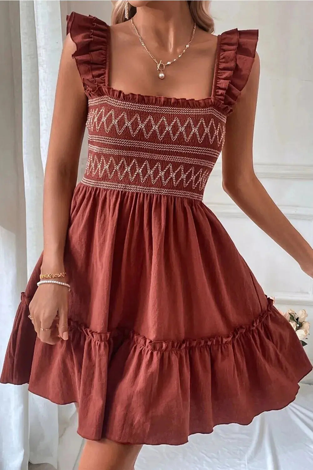 Ruffled Smocked Cap Sleeve Mini Dress - Be Bliss Boutique