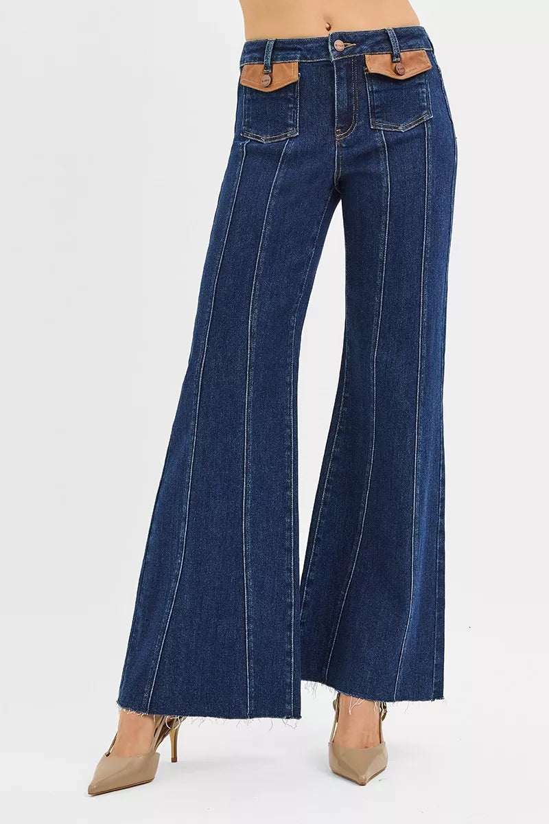 RISEN Jeans - High Rise Wide Flare Jeans with Front Leather Pocket Detail - Be Bliss Boutique