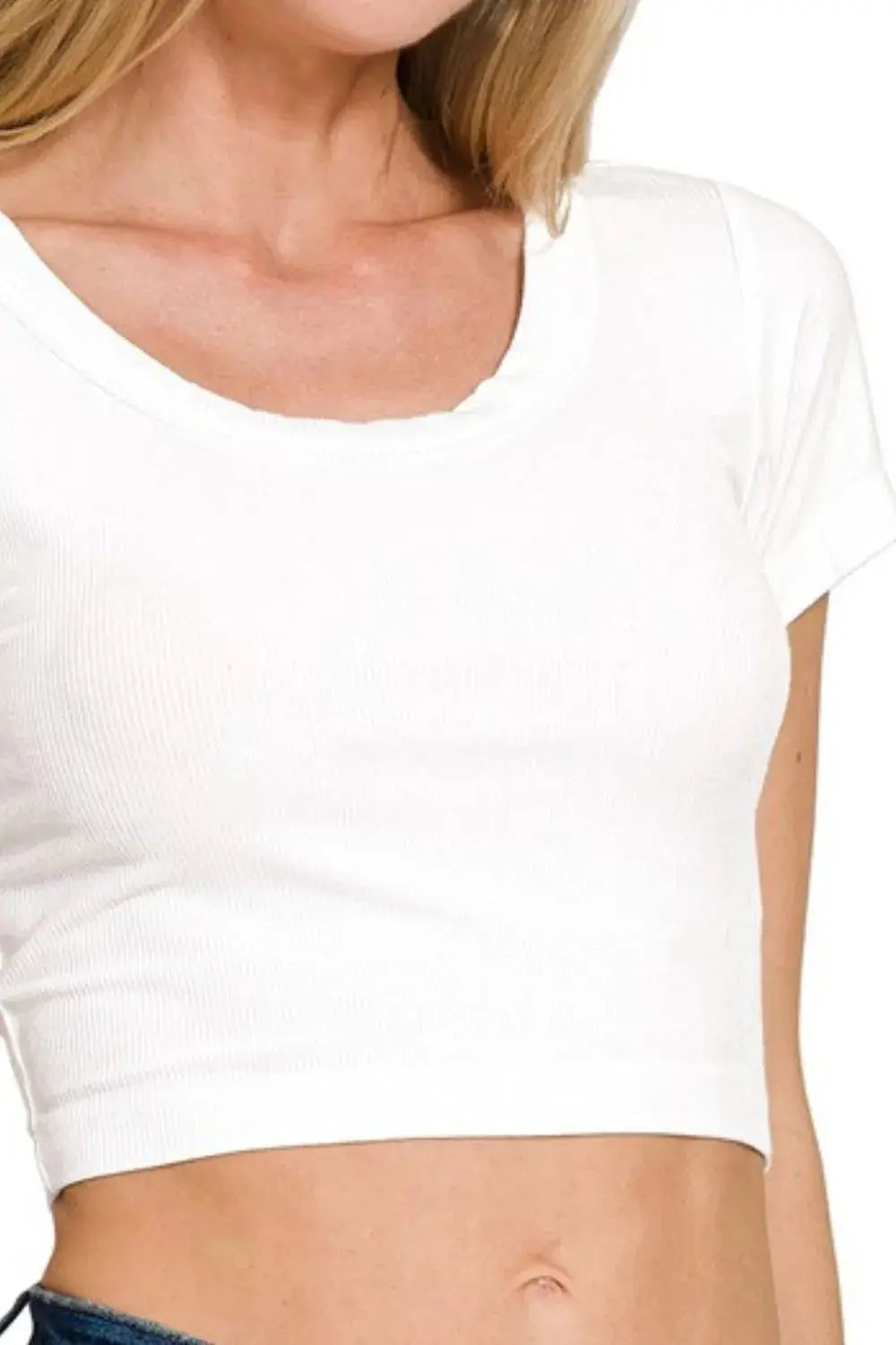 Zenana Ribbed Scoop Neck Crop Women's Short Sleeve Top - Be Bliss Boutique