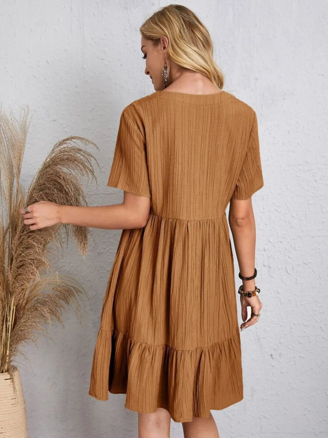 Boho Textured V-Neck Short Sleeve Babydoll Dress - Be Bliss Boutique