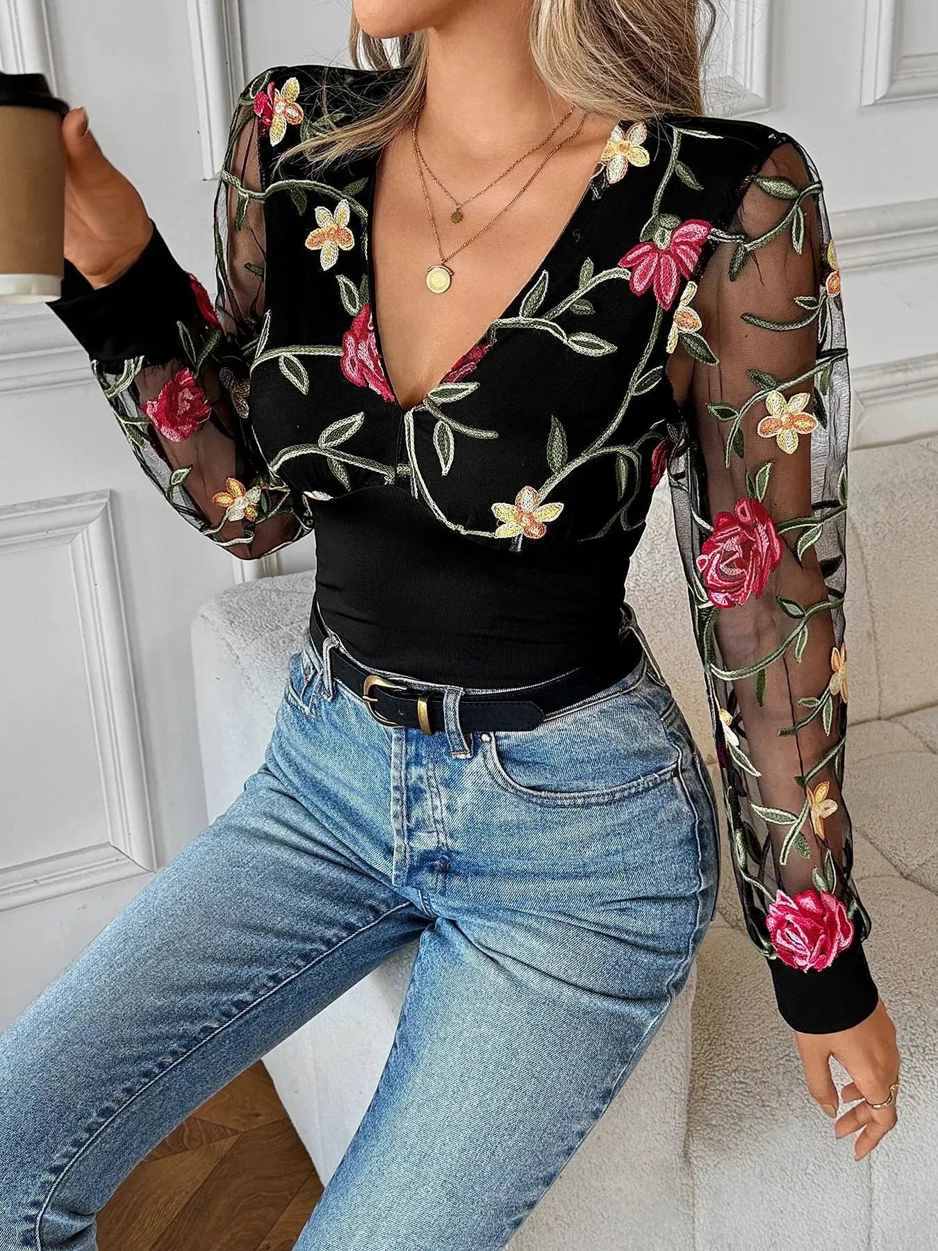 Floral Mesh Long Sleeve V Neck Blouse - Be Bliss Boutique