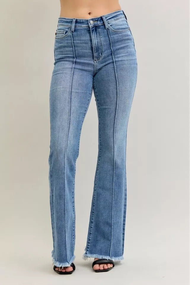 Judy Blue Jeans - High Waist Flare Fray Hem Jeans with Front Pintuck Detail - Be Bliss Boutique