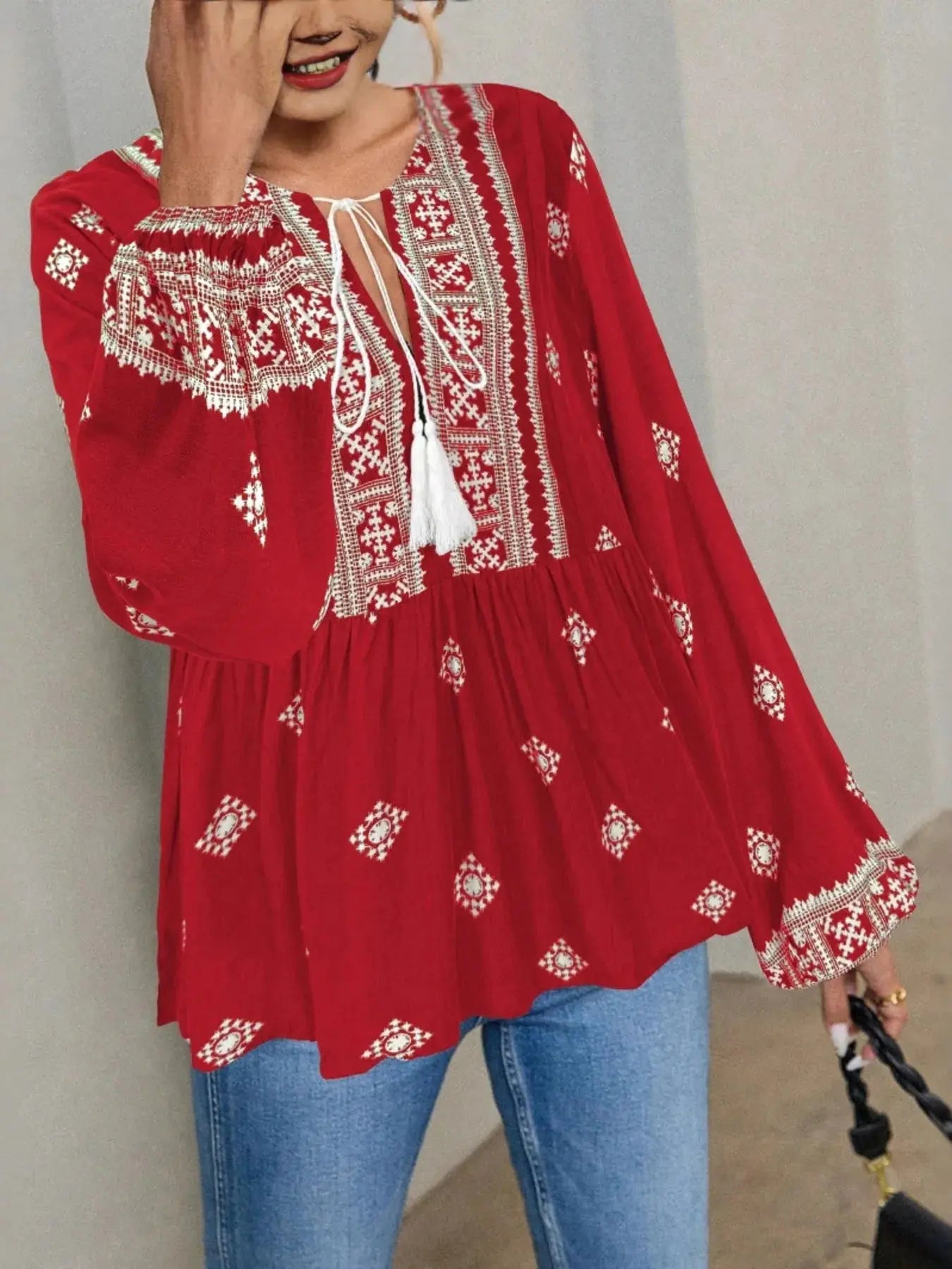 Tie Front Long Sleeve Boho Blouse - Be Bliss Boutique