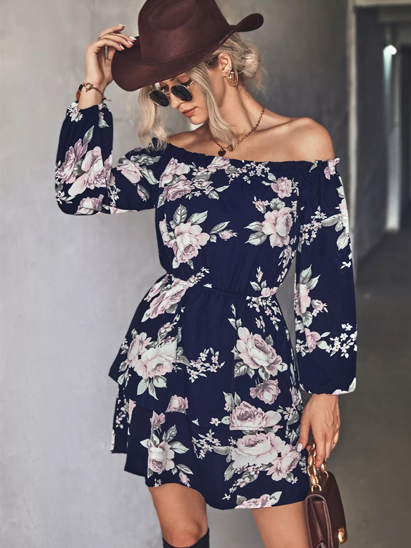 Off-Shoulder Floral Print Long Sleeve Mini Dress - Be Bliss Boutique