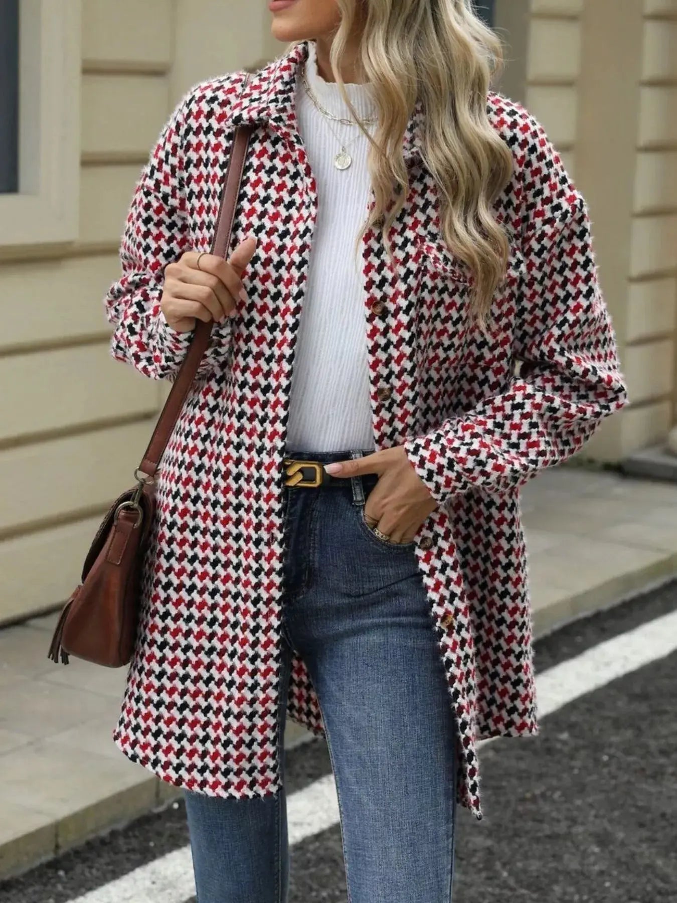 Houndstooth Button Up Long Sleeve Coat - Be Bliss Boutique