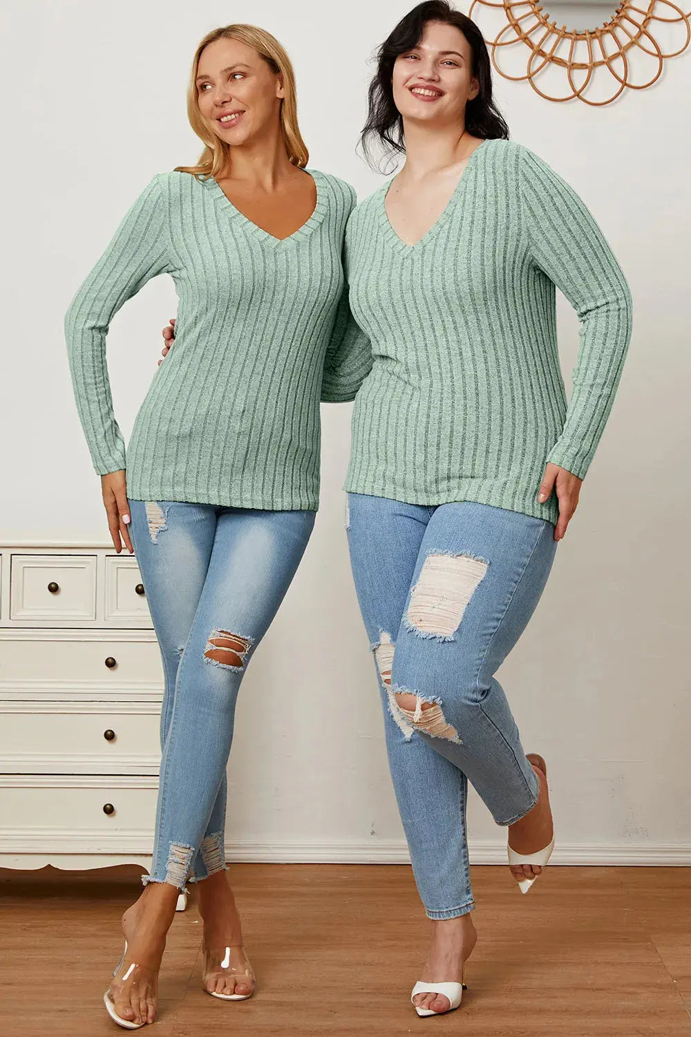 Basic Bae Full Size Ribbed V-Neck Long Sleeve T Shirt for Women - Be Bliss Boutique