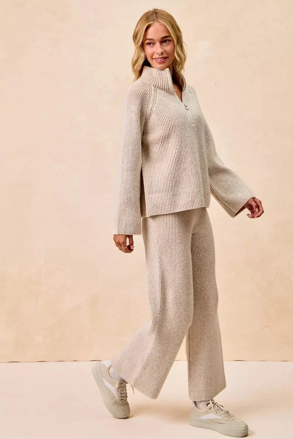 BiBi Two Tone Ribbed Textured Knit Sweater with Zip Up Collar - Be Bliss Boutique