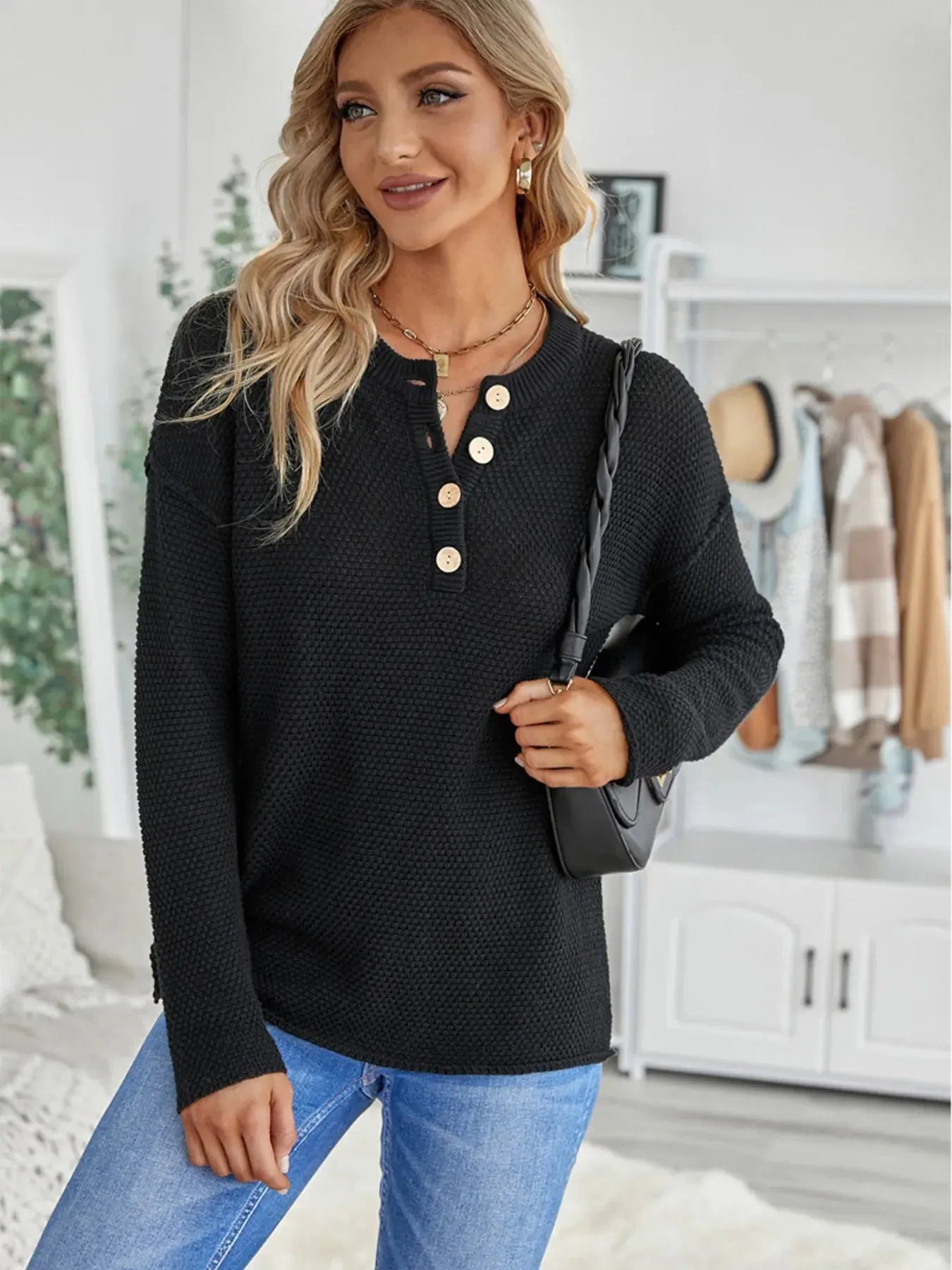 Waffle-Knit Button Detail Long Sleeve Knit Top - Be Bliss Boutique
