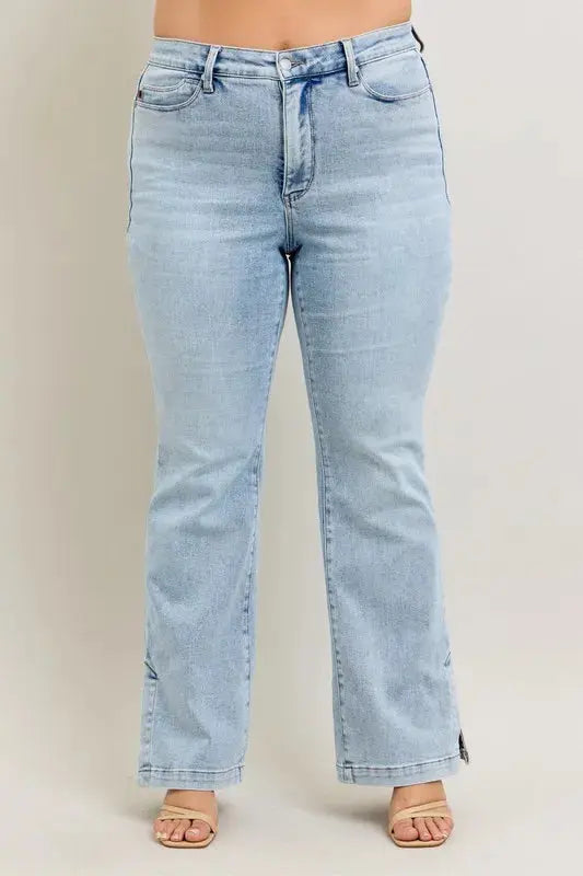 Judy Blue Full Size/Plus Size Tummy Control Vintage Wash Side Slit Slim Boot Jeans - Be Bliss Boutique