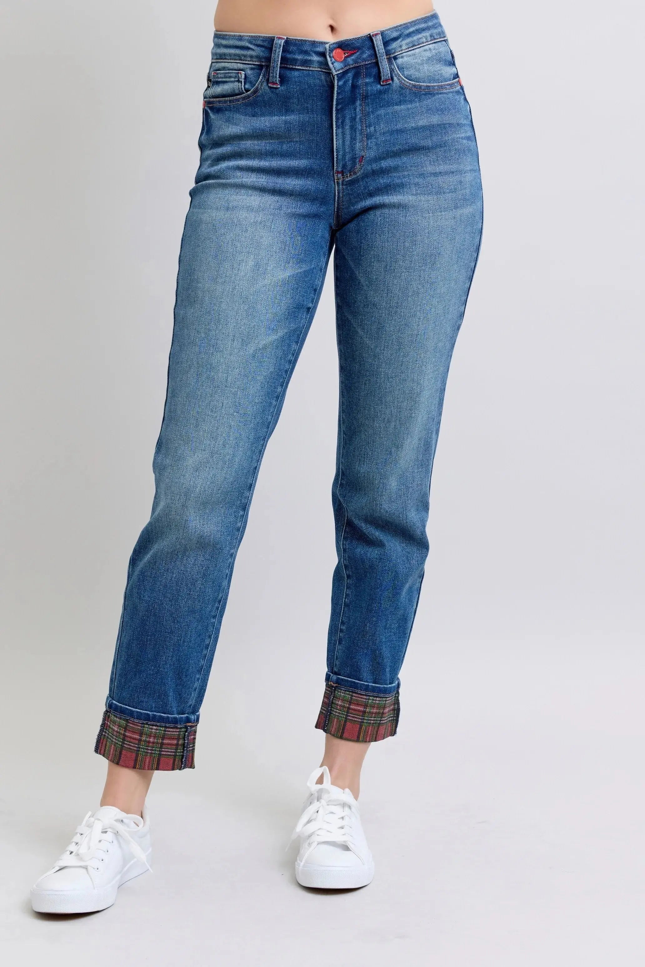 Plaid Cuff Boyfriend Judy Blue Jeans – Mid Rise Straight Leg - Be Bliss Boutique