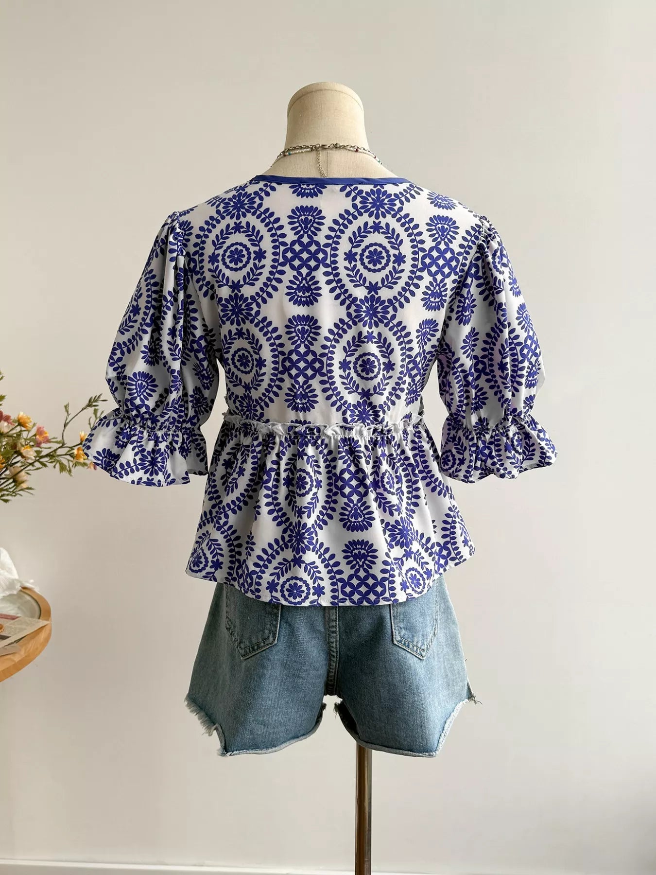 Navy Floral Tie Front Blouse - Be Bliss Boutique
