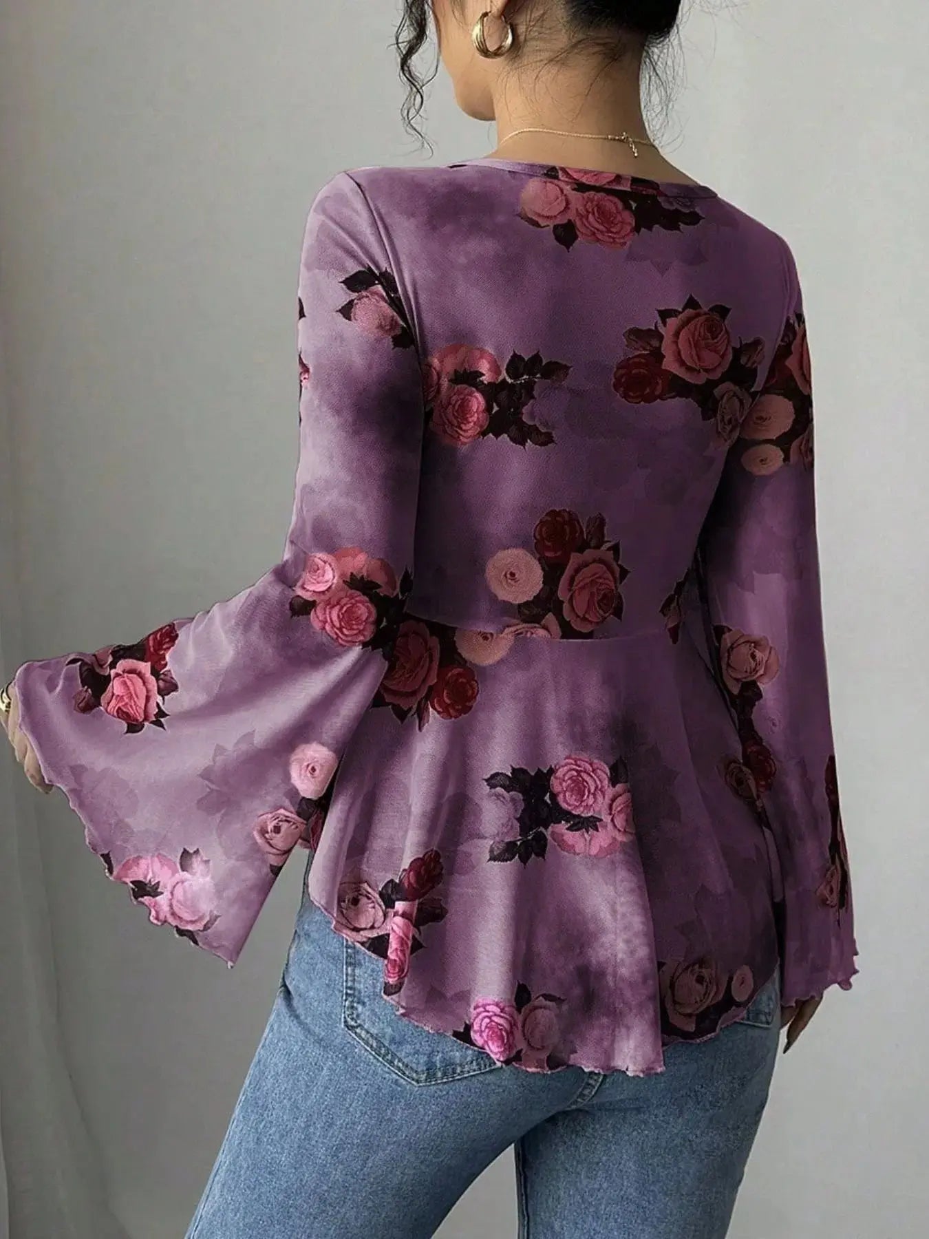 Floral Tie Front Flare Sleeve Blouse - Be Bliss Boutique