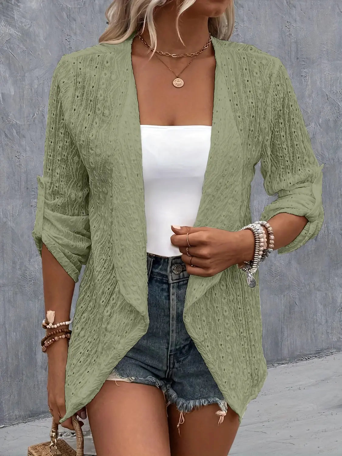 Eyelet Roll-Tab Sleeve Cardigan - Be Bliss Boutique