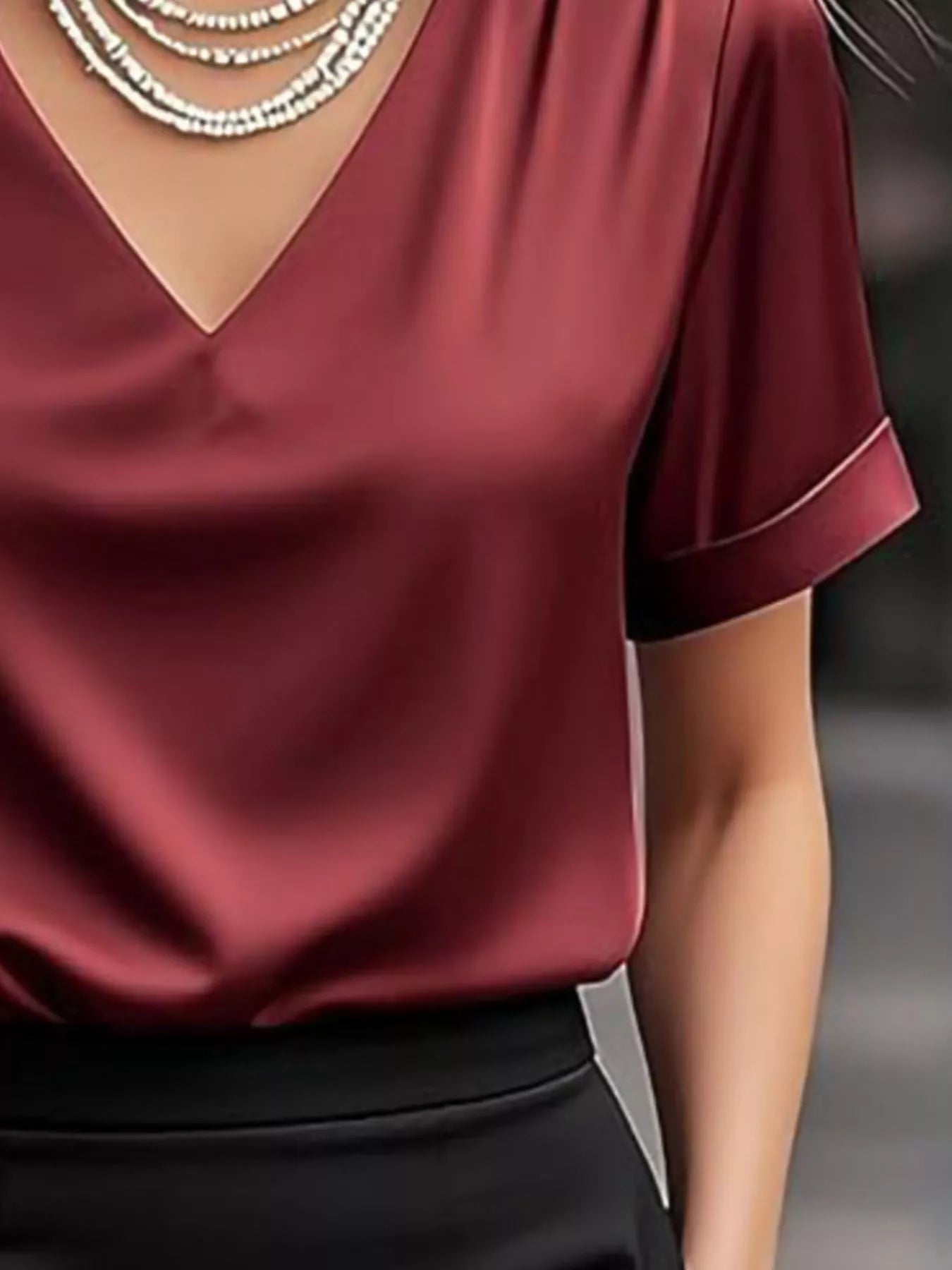 V-Neck Short Sleeve Satin Blouse - Be Bliss Boutique