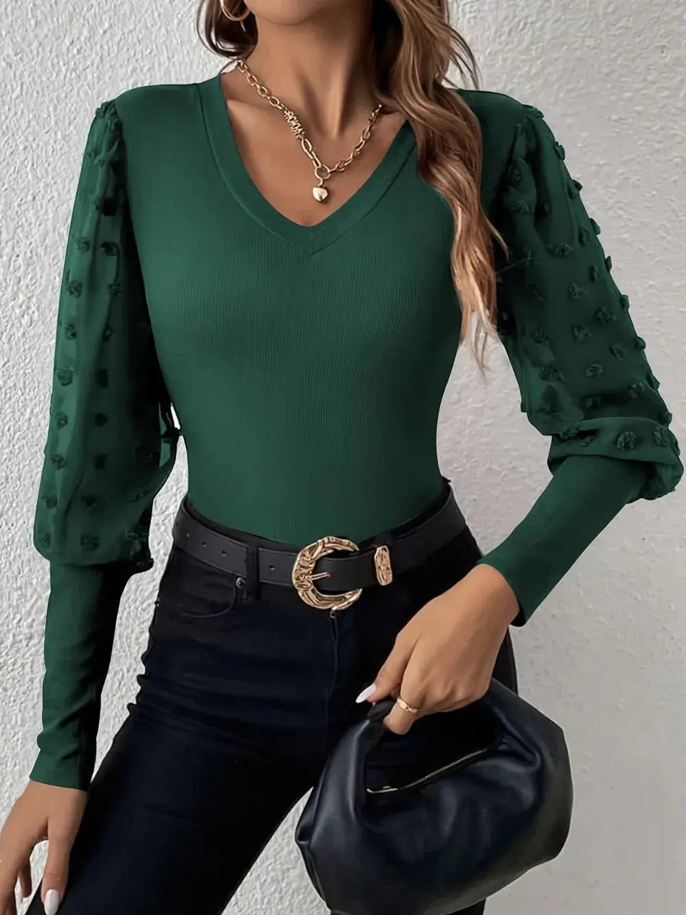 Swiss Dot V Neck Long Sleeve Top - Be Bliss Boutique