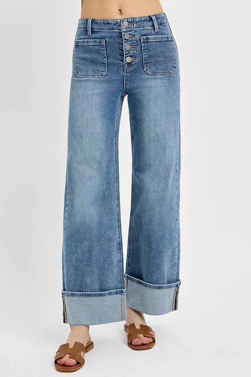 RISEN Jeans - High Rise Ankle Wide Button Patch Pocket Cuffed Jeans - Be Bliss Boutique