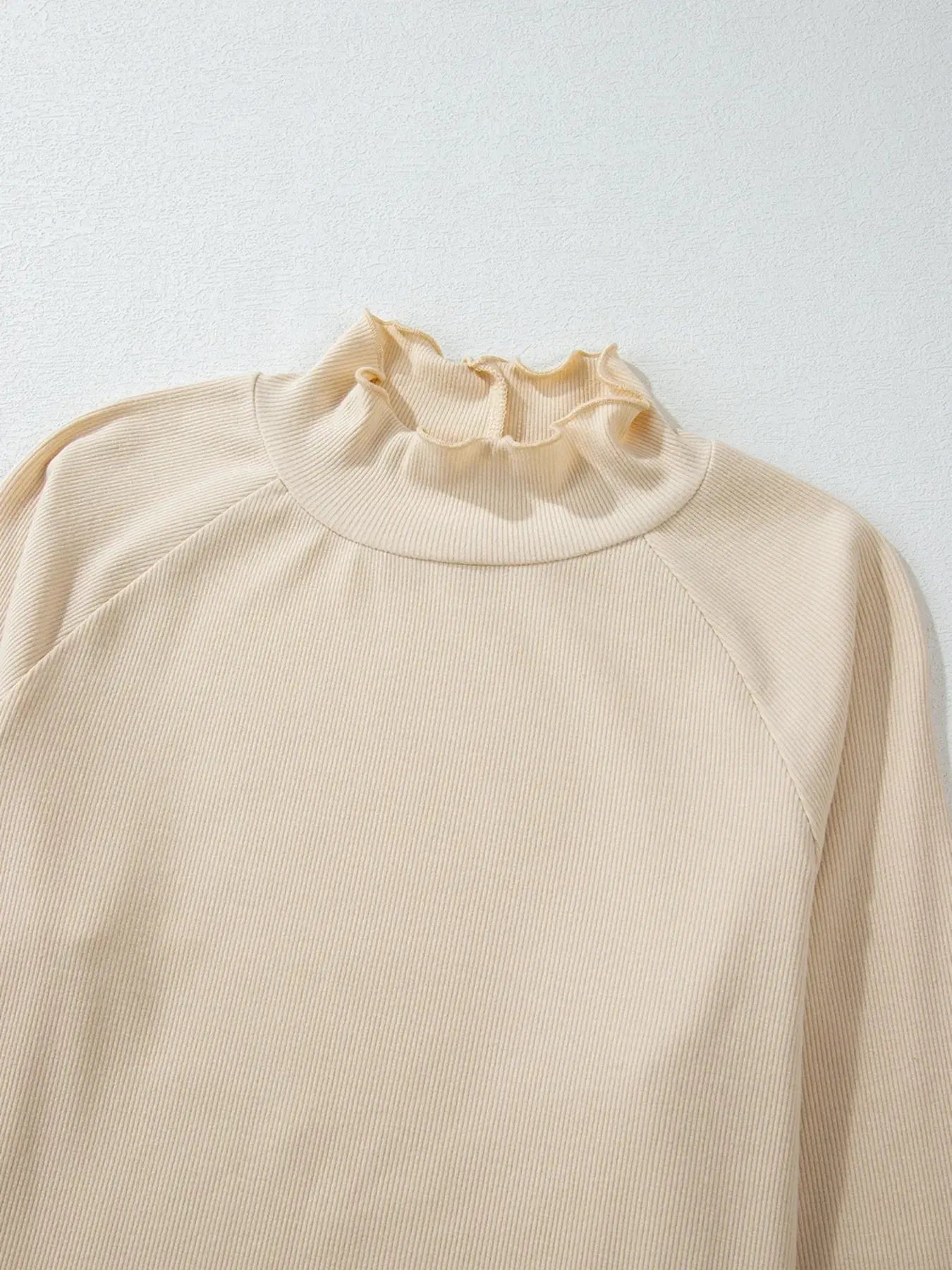 Ribbed Knit Lettuce Trim Long Sleeve Mock Neck Top - Be Bliss Boutique