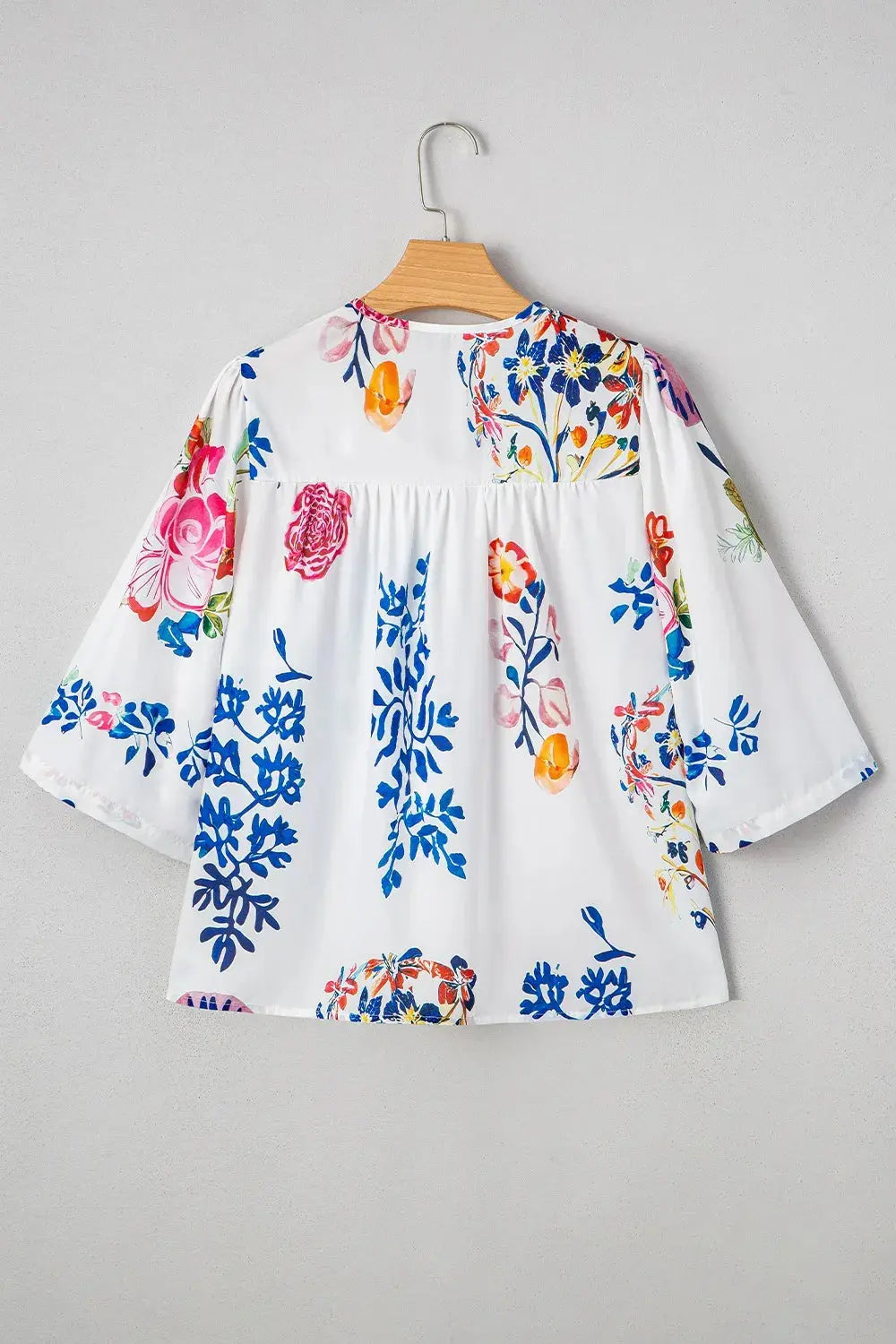 Bloom Printed 3/4 Sleeve Tie Neck Tassel Boho Blouse - Be Bliss Boutique