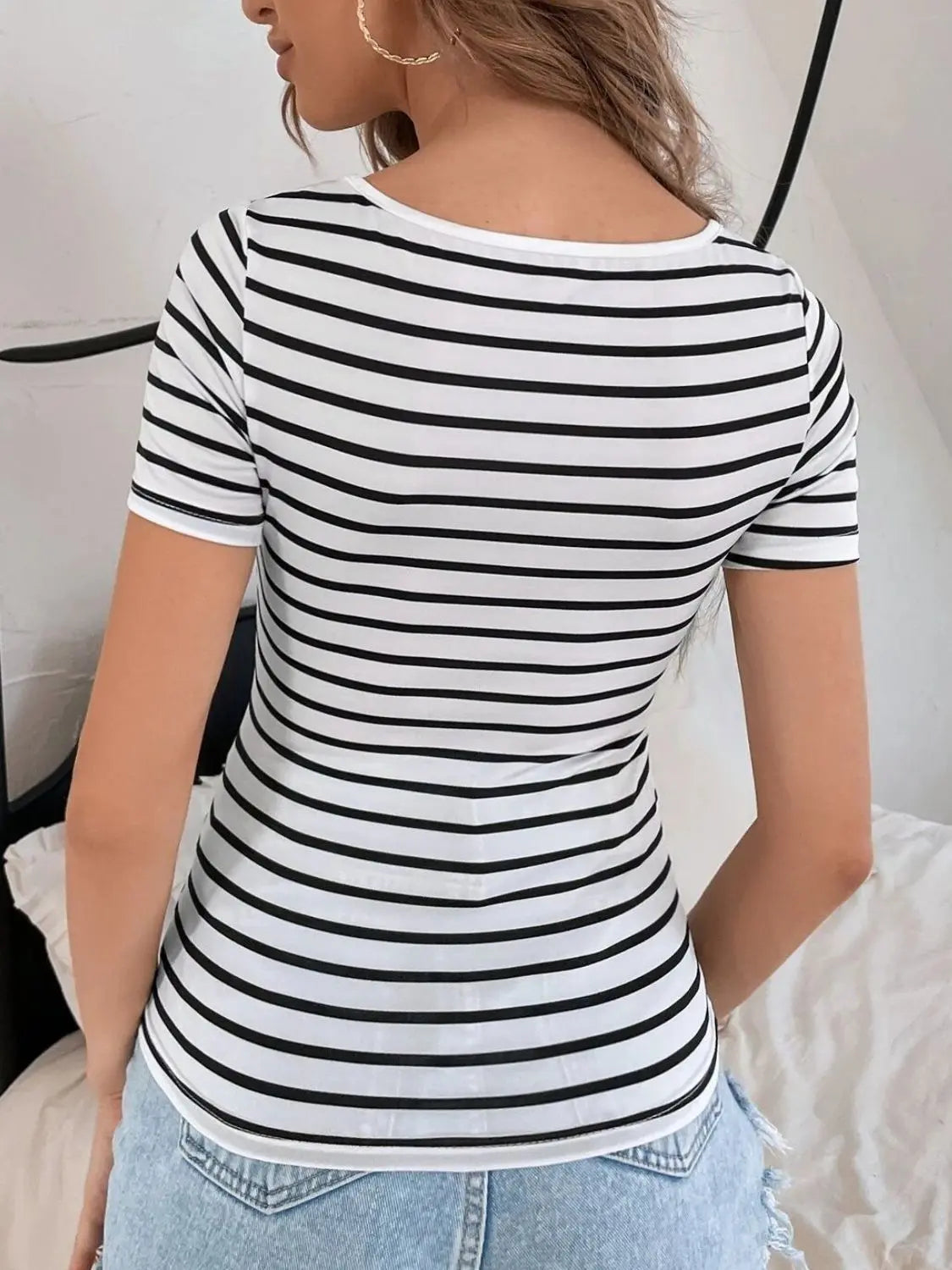 Striped V-Neck Short Sleeve T-Shirt - Be Bliss Boutique