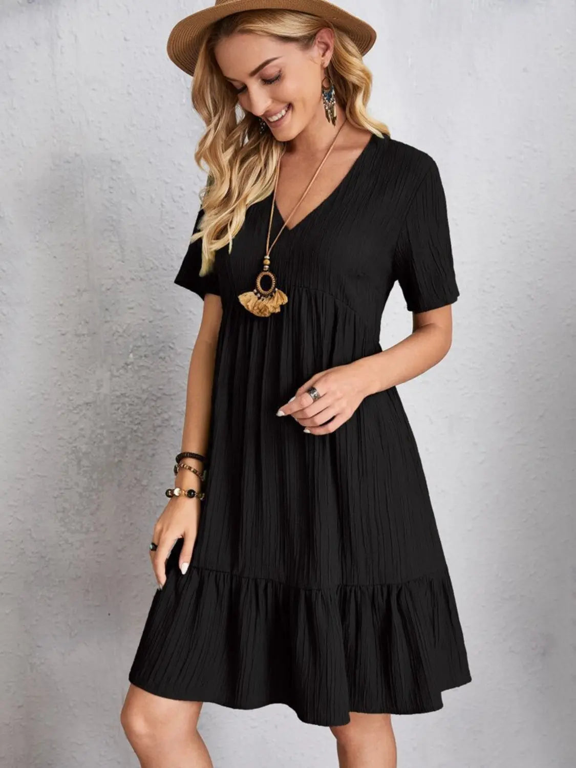 Boho Textured V-Neck Short Sleeve Babydoll Dress - Be Bliss Boutique