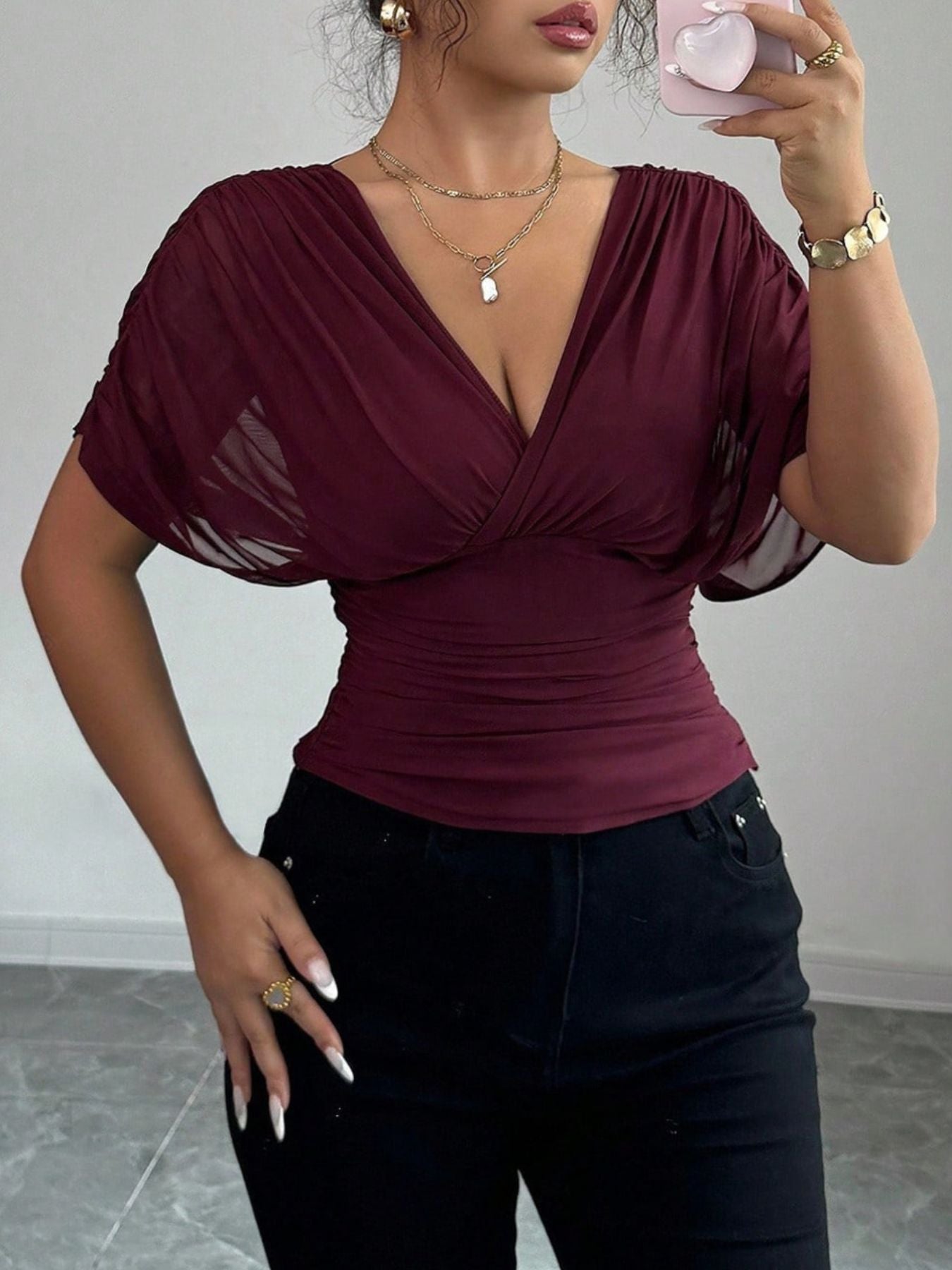 Ruched Surplice Short Sleeve Top - Be Bliss Boutique