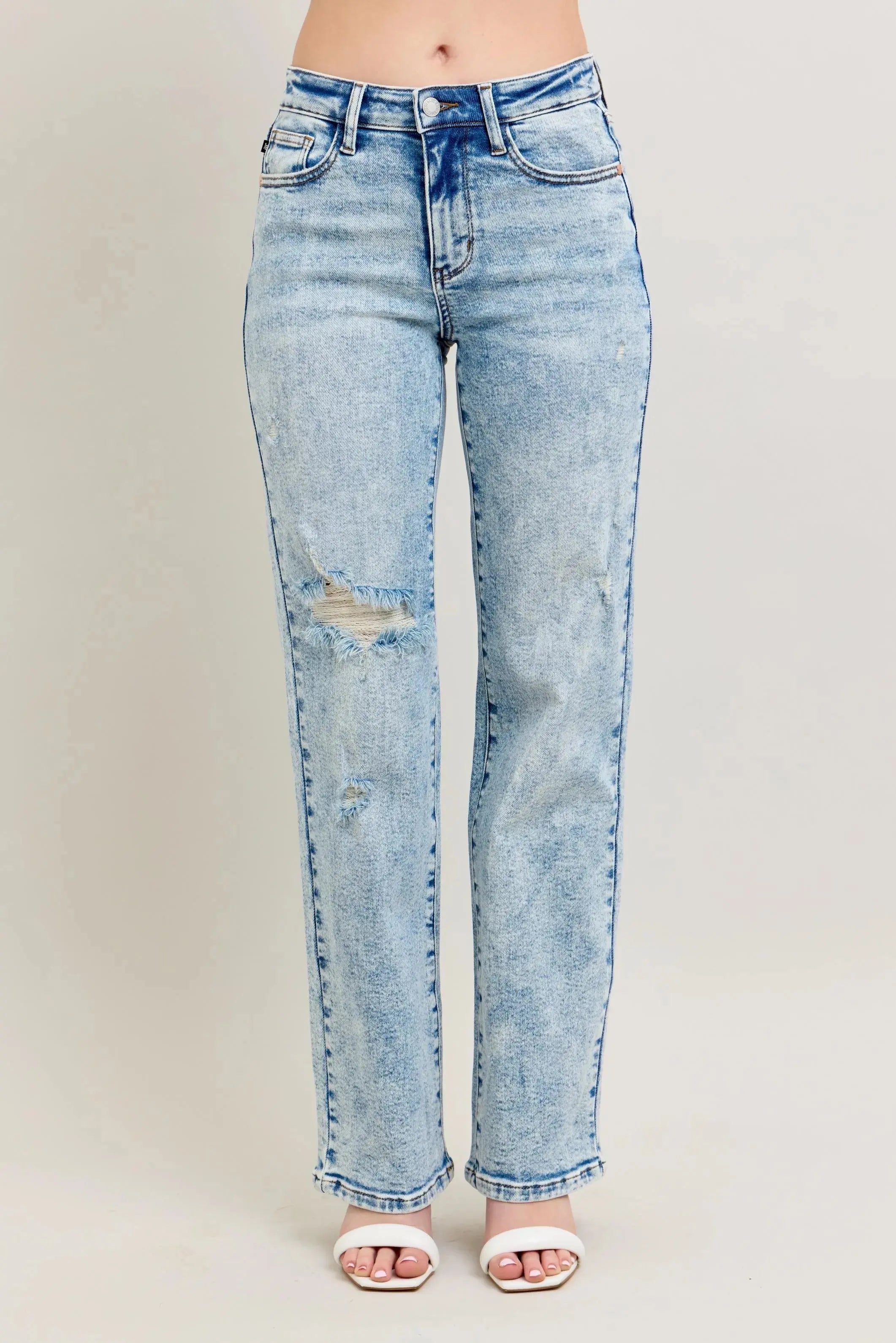Full Size High Waist Mineral Wash Destroy 90's Straight Leg Judy Blue Jeans - Be Bliss Boutique