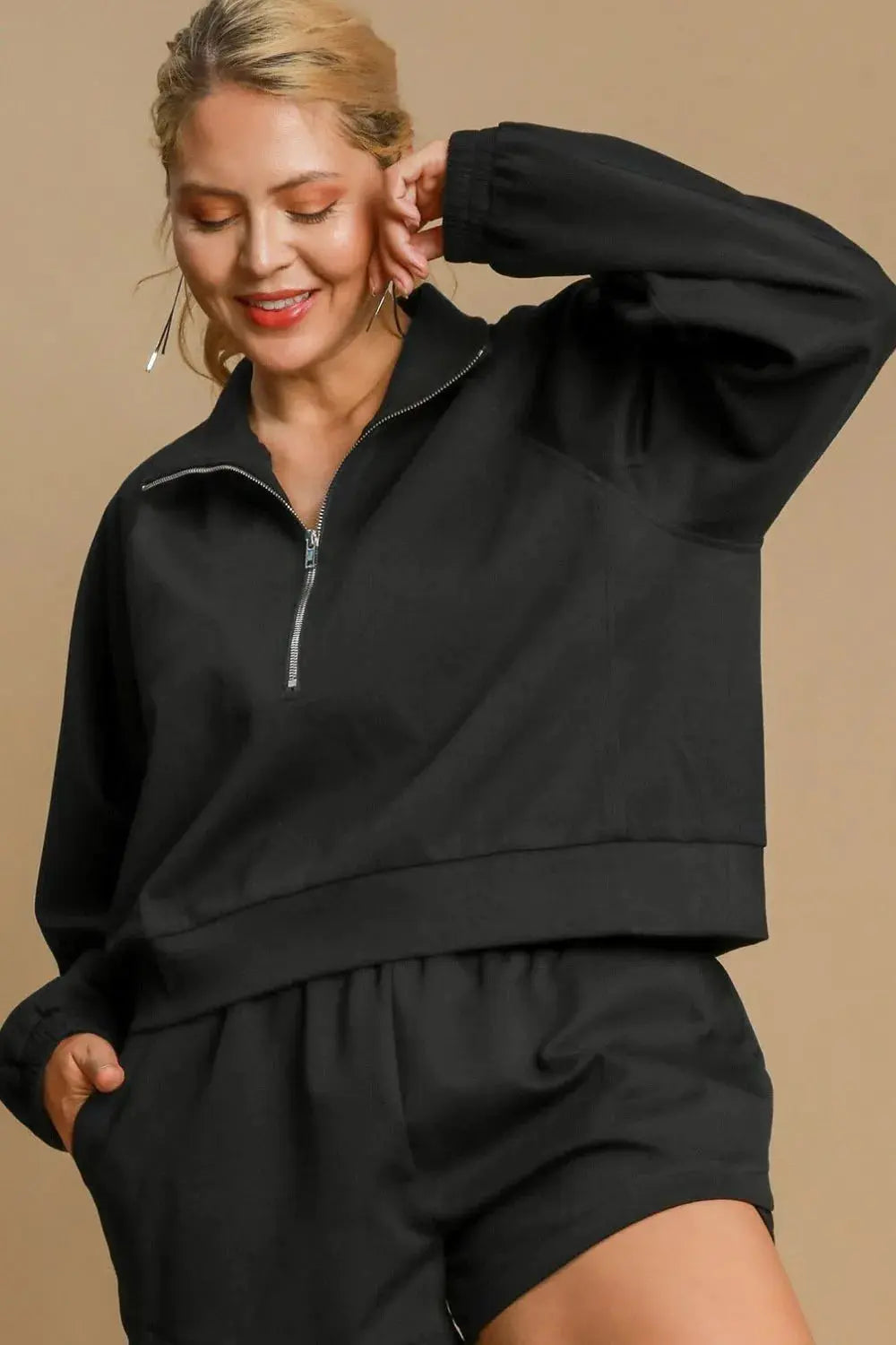 Umgee Full/Plus Size Half Zip Cropped Sweatshirt - Be Bliss Boutique