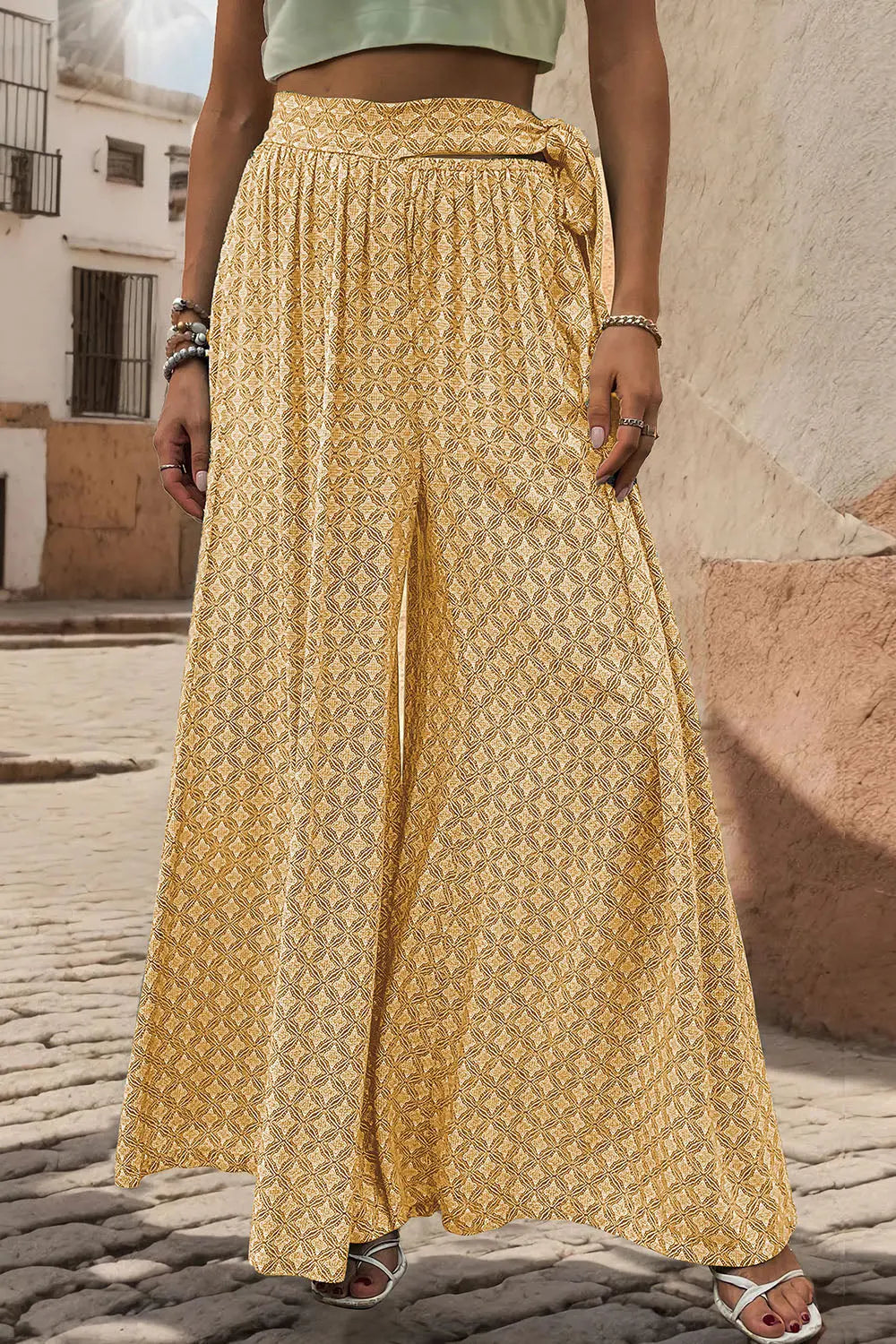 Printed Tied Wide Leg Pants - Be Bliss Boutique