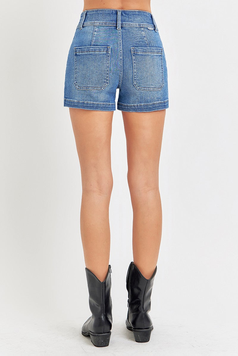 RISEN High Rise Patched Front Pocket Denim Shorts - Be Bliss Boutique