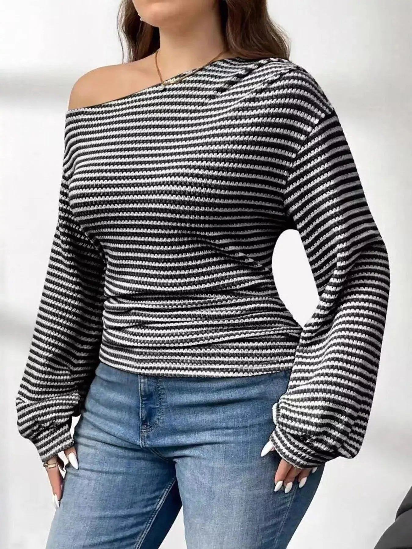 Striped One-Shoulder Plus Size Long Sleeve T Shirt - Be Bliss Boutique