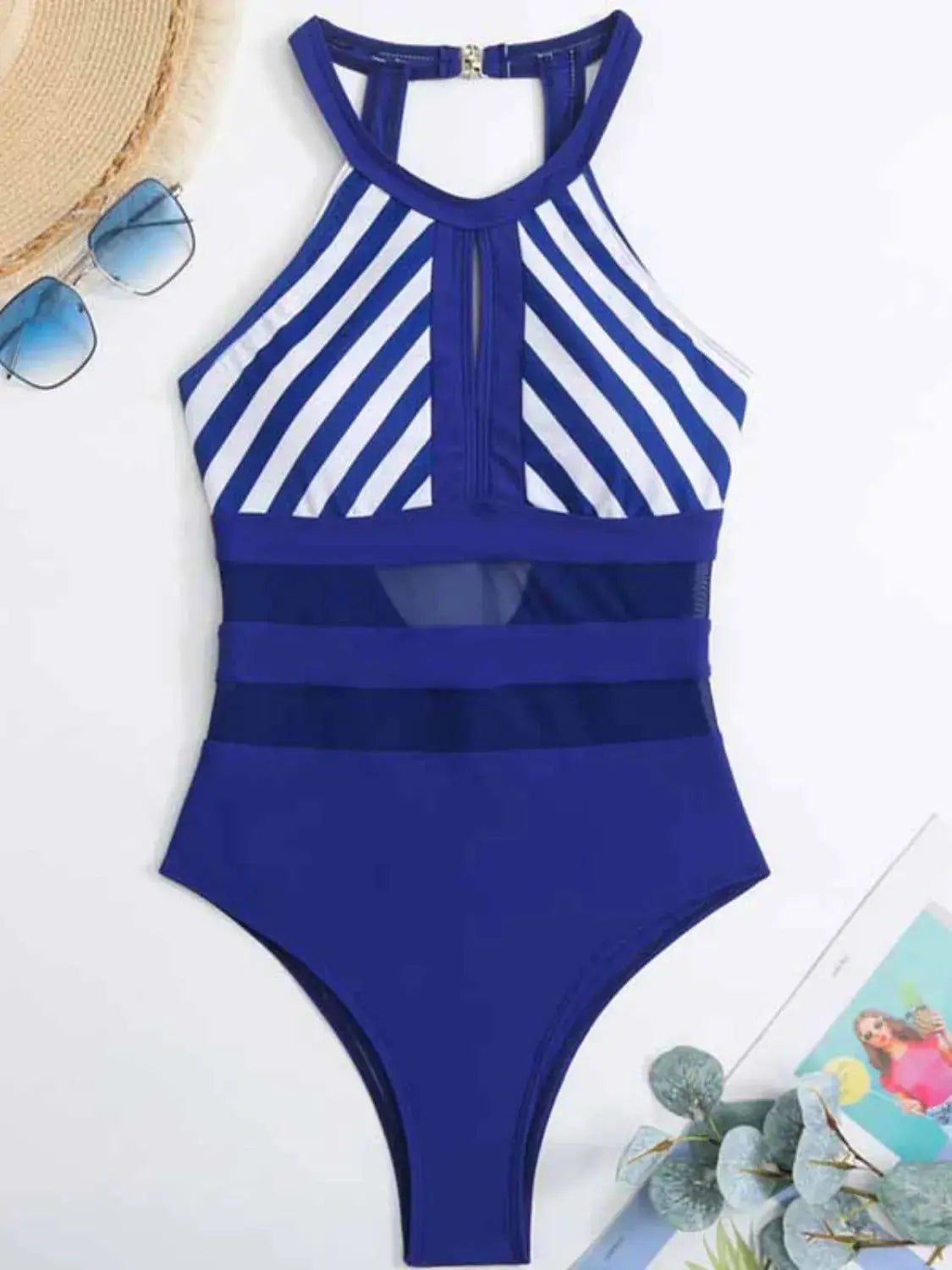 Mesh Cutout Striped Backless One Piece Swimsuit - Be Bliss Boutique