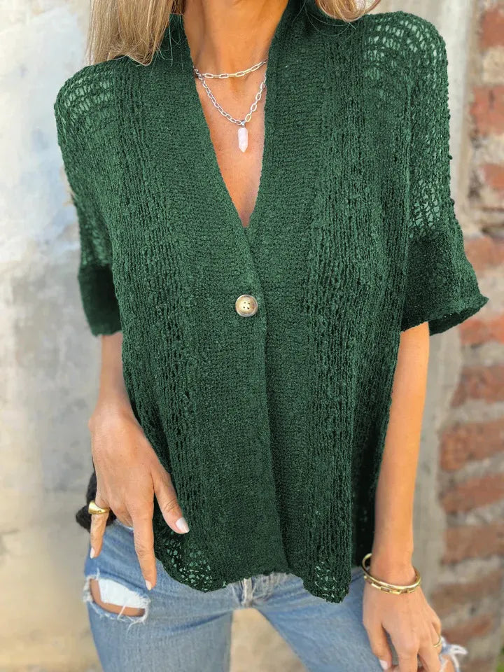Full Size Knit Openwork One Button Cardigan - Be Bliss Boutique