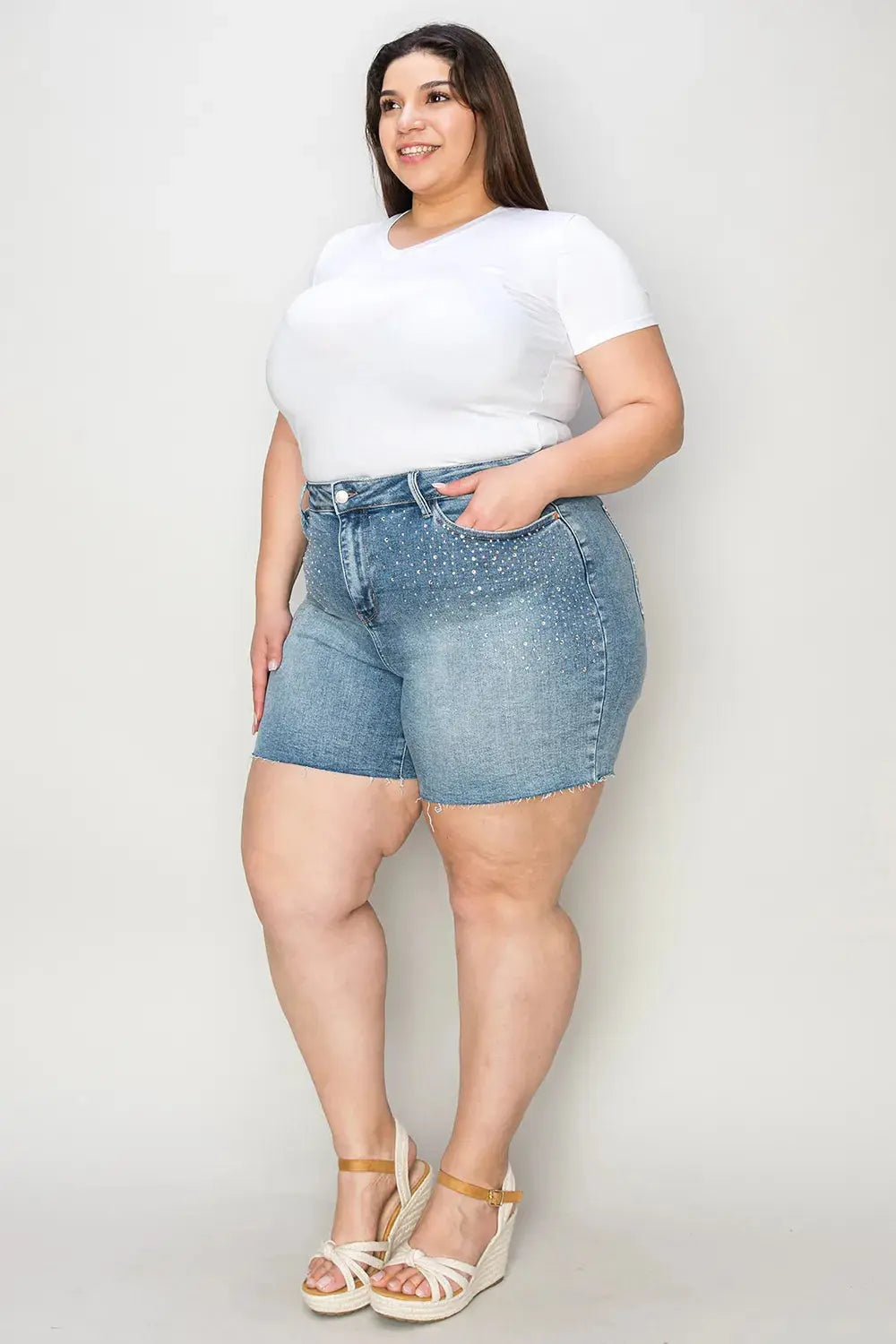 Judy Blue Jeans - Full Size High Waist Raw Hem Denim Shorts - Be Bliss Boutique