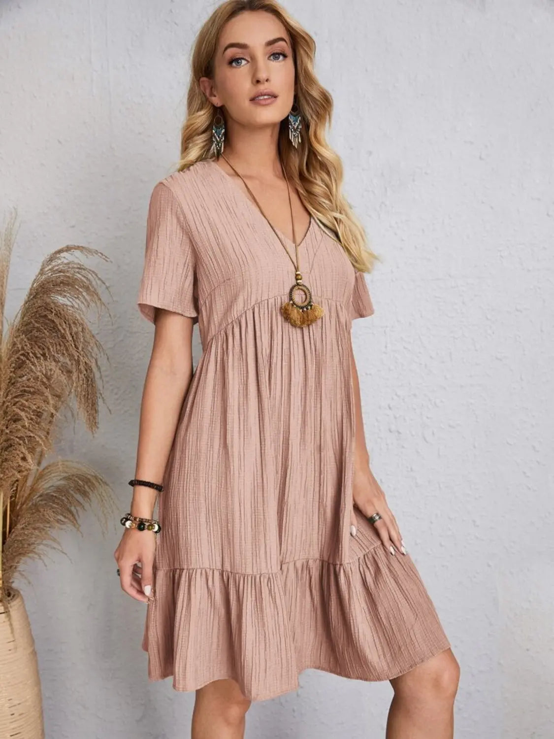 Boho Textured V-Neck Short Sleeve Babydoll Dress - Be Bliss Boutique