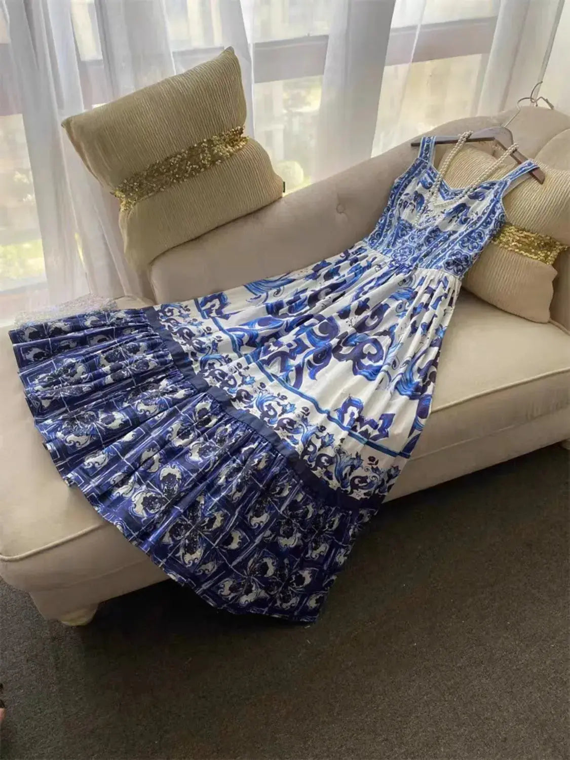 Smocked Blue Tile Print Wide Strap Midi Dress - Be Bliss Boutique