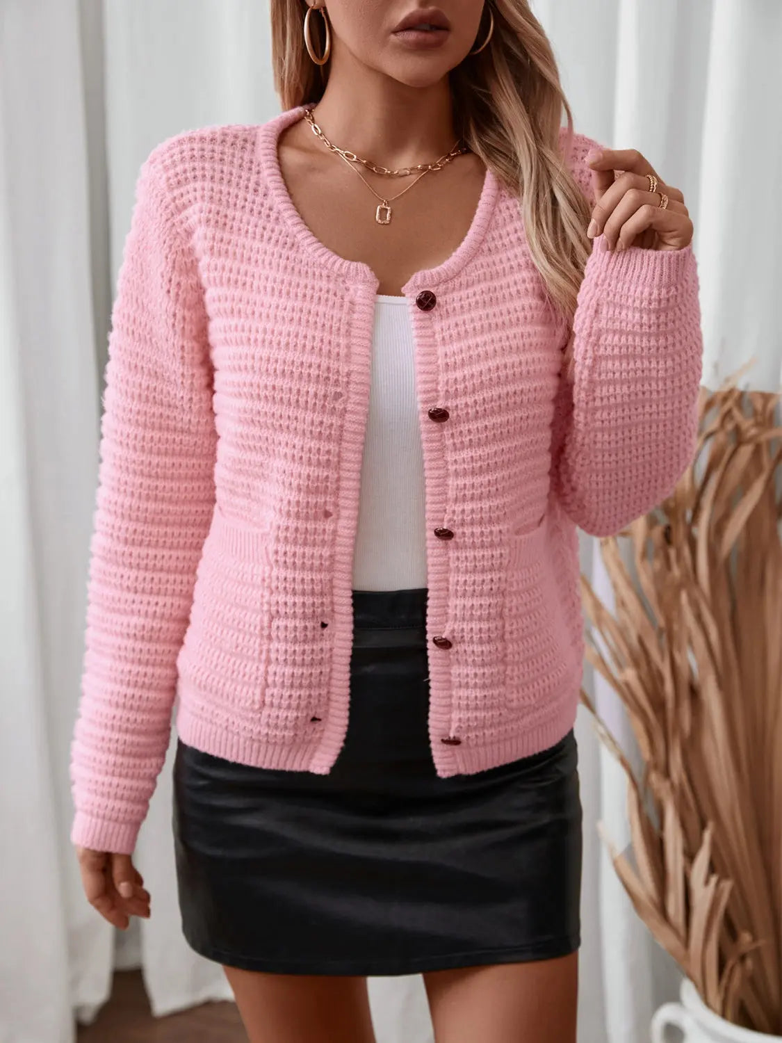 Textured Knit Button Up Long Sleeve Cardigan - Be Bliss Boutique