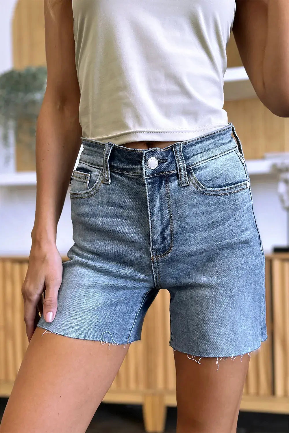 Judy Blue Jeans - Full Size High Waist Raw Hem Denim Shorts - Be Bliss Boutique