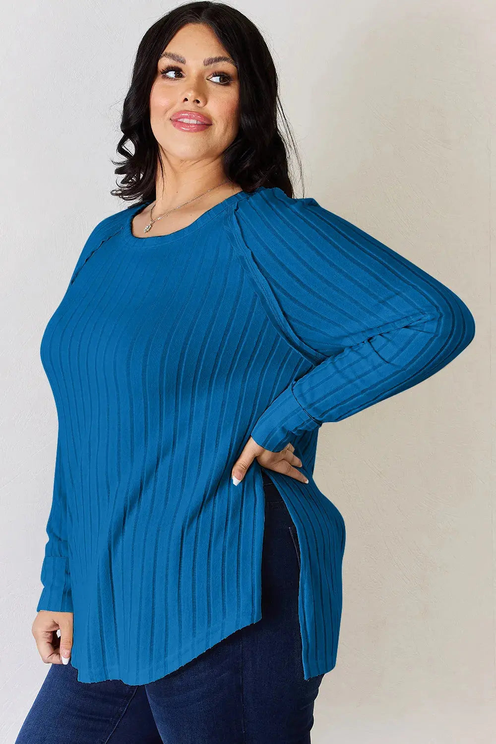 Basic Bae Ribbed Round Neck Slit Womens Long Sleeve T Shirt – Full & Plus Size - Be Bliss Boutique
