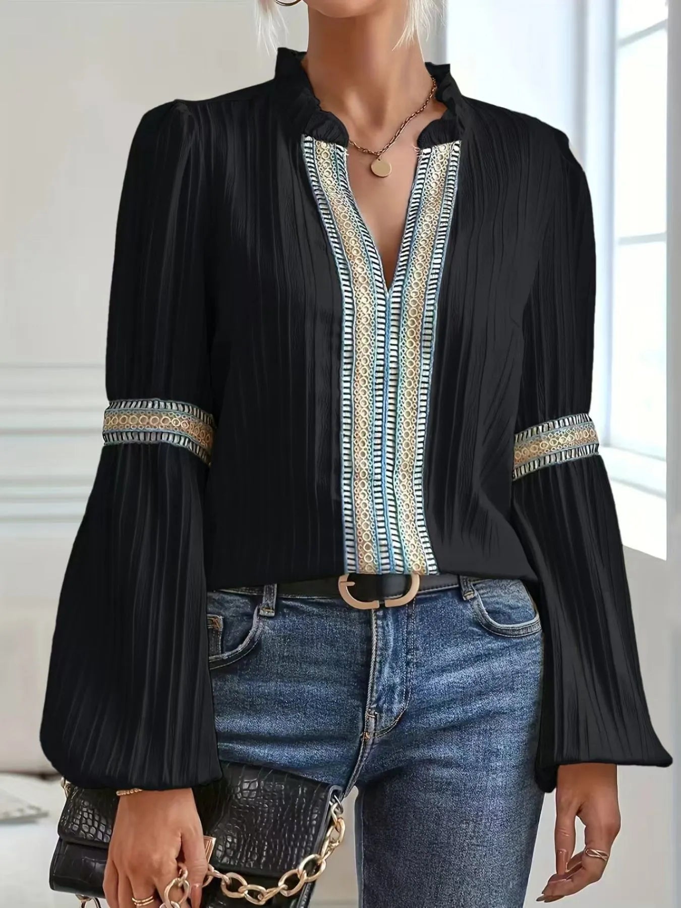 Textured Notched Balloon Sleeve Elegant Blouse - Be Bliss Boutique