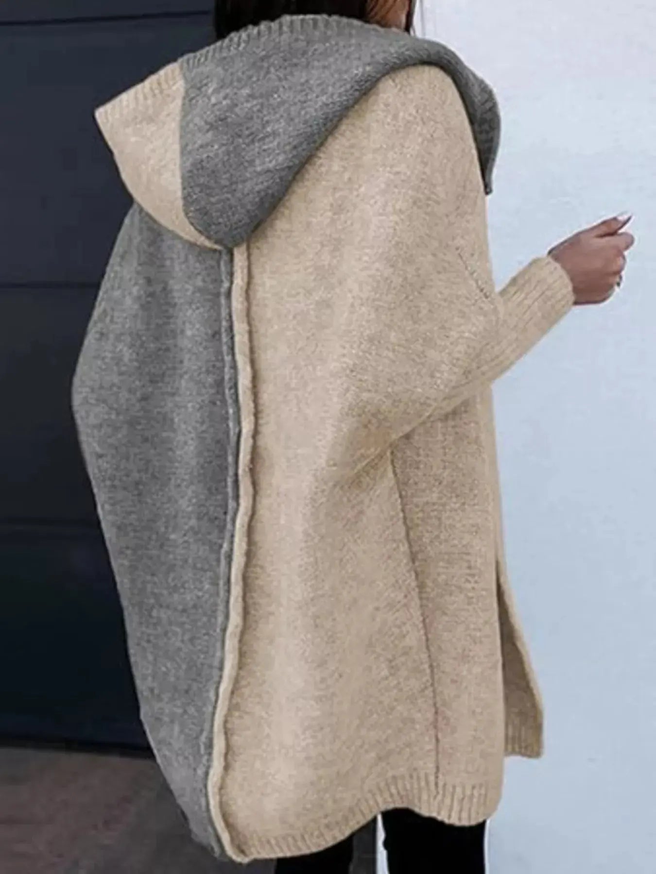 Two-Tone Hooded Open Front Knit Cardigan - Be Bliss Boutique