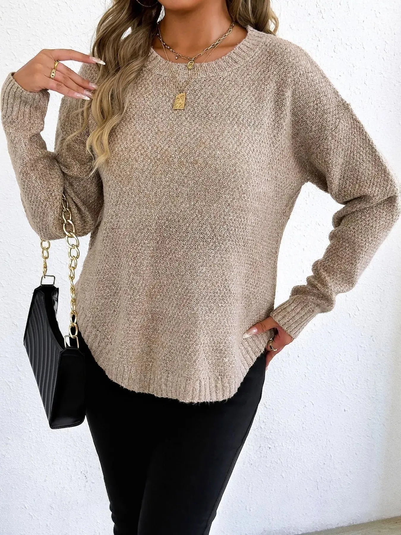 Round Neck Textured Knit Relaxed Fit Sweater - Be Bliss Boutique