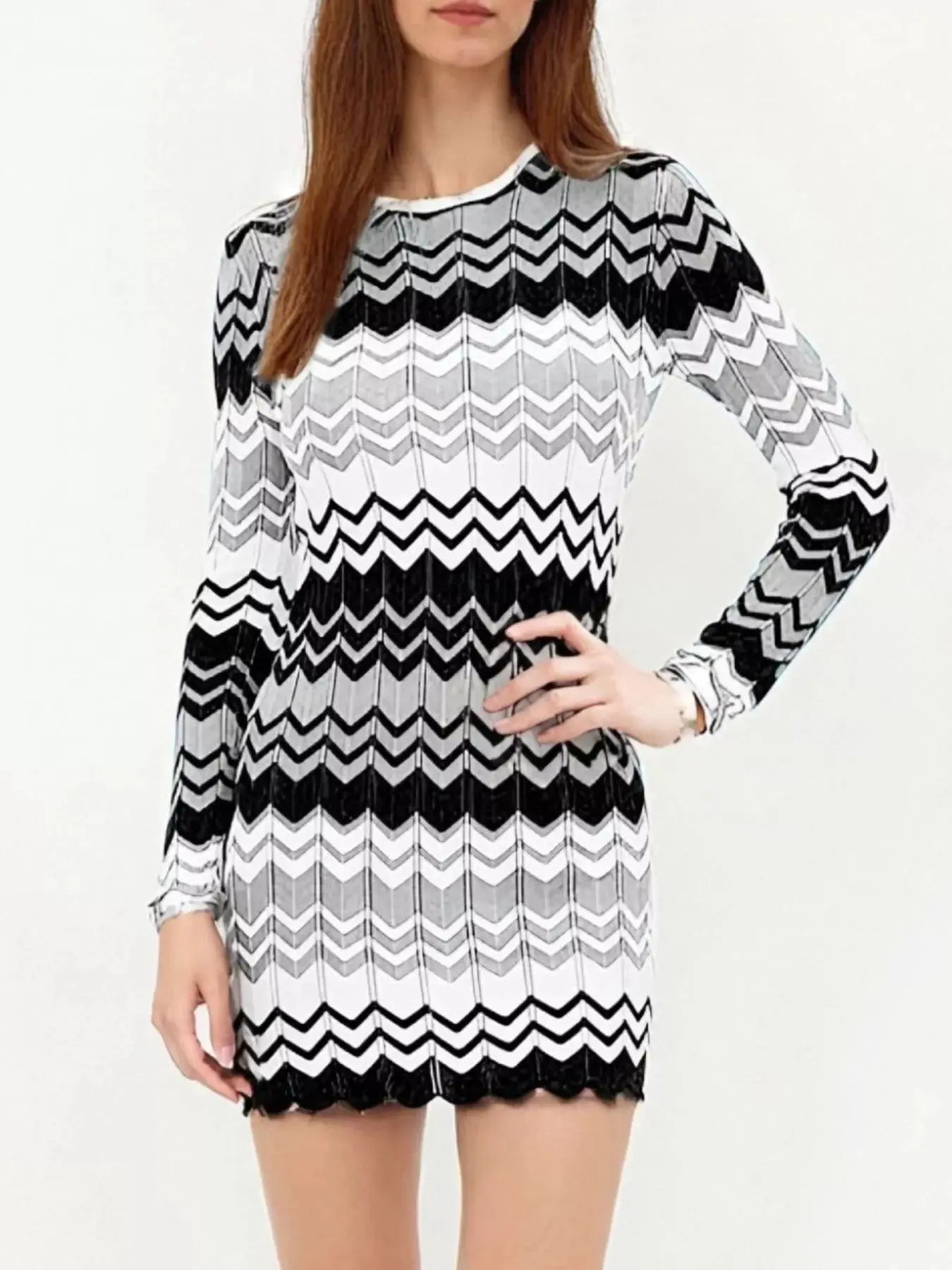 Openwork Wave Pattern Long Sleeve Sweater Dress - Be Bliss Boutique