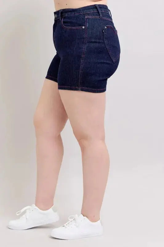 Judy Blue Jeans - Plus Size High Waist Heart Shaped Pockets Denim Shorts with Red Contrast Thread - Be Bliss Boutique