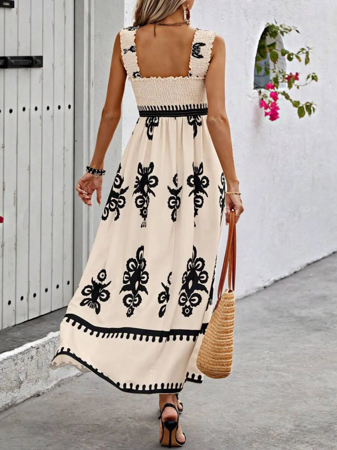 Smocked Printed Wide Strap Maxi Dress - Be Bliss Boutique