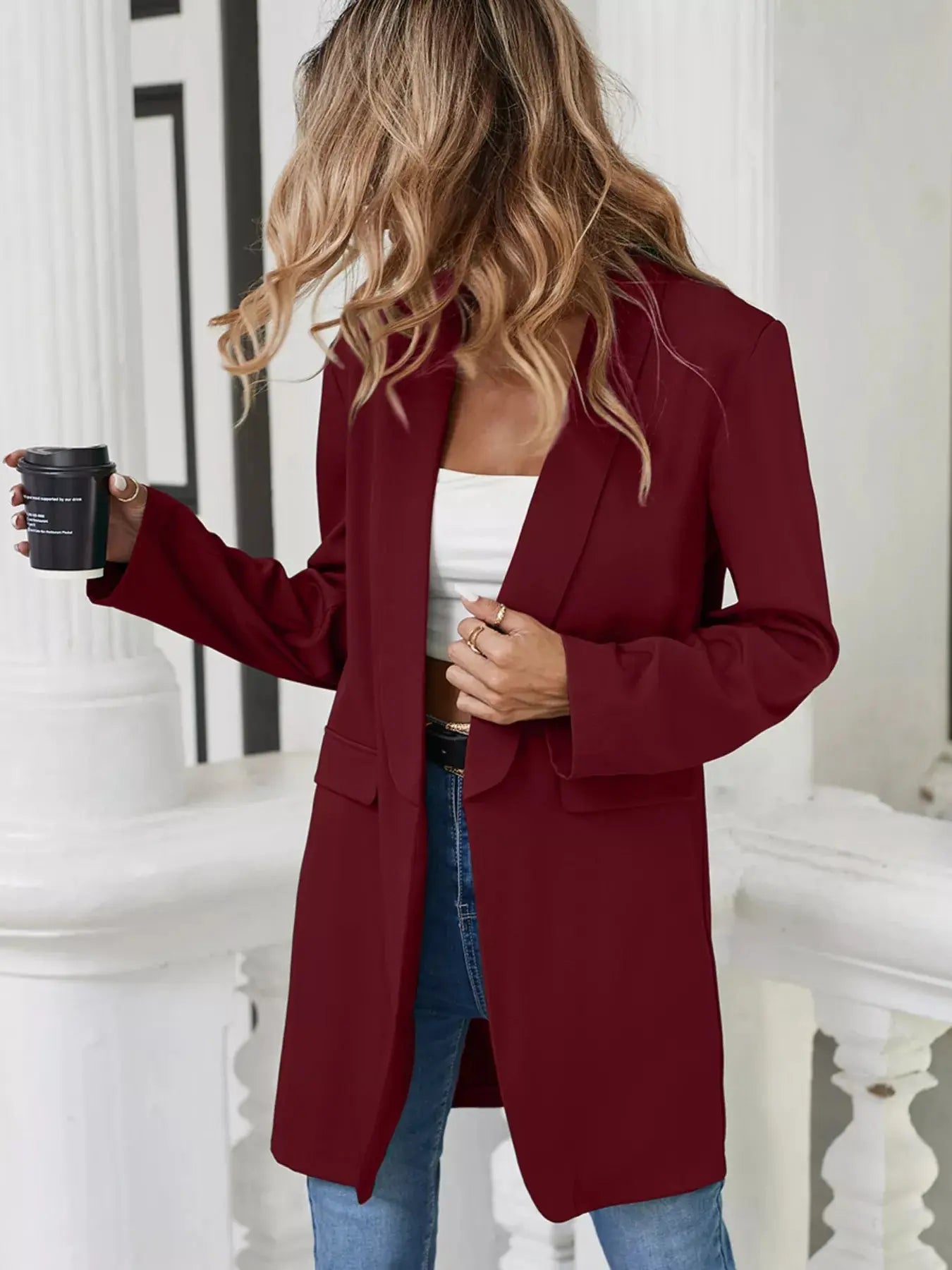 Lapel Collar Long Sleeve Blazer - Be Bliss Boutique