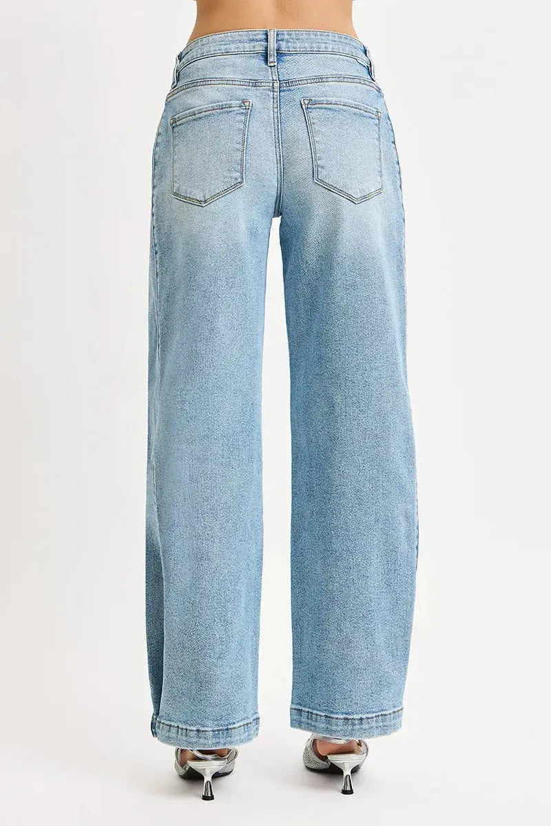RISEN Jeans - Mid Rise Wide Barrel Transferable Leg Snap Jeans - Be Bliss Boutique